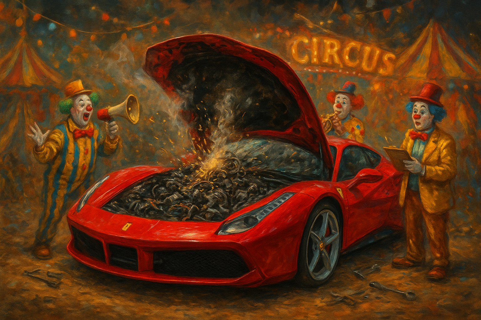 Luxury red Ferrari car with open hood showing chaotic, noisy, broken engine. Circus clowns symbolizing bureaucracy perform around the car.